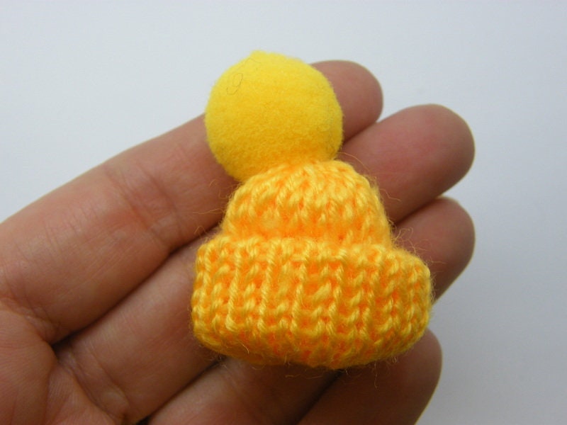 4 Knitted hat embellishment miniature yellow CA