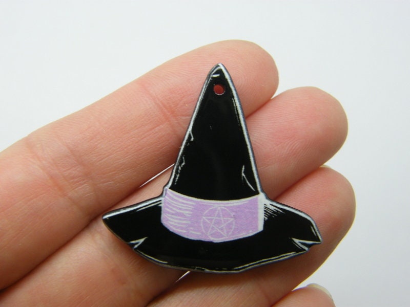 2  Witch's hat pentagram pendant black white pink acrylic HC768