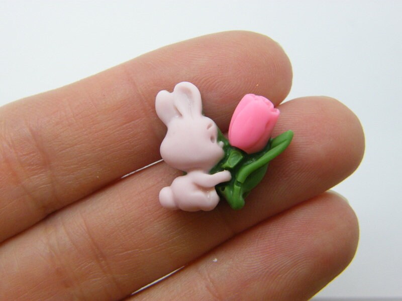 8 Rabbit flower tulip embellishment cabochons pink green resin A1314
