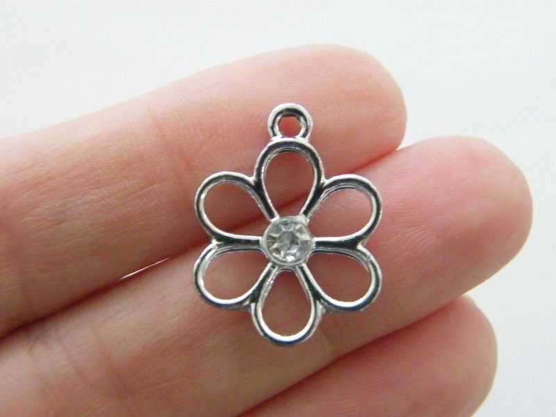 4 Flower rhinestone charms silver tone F98
