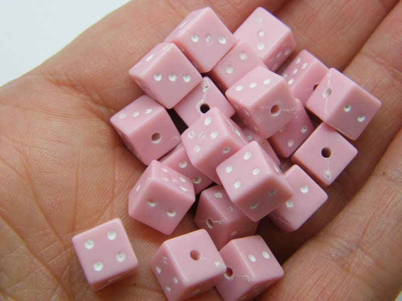 100 Dice beads 7.5 x 7.5mm pink white acrylic AB674