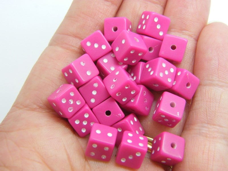 100 Dice beads 7.5 x 7.5mm fuchsia pink white acrylic AB680