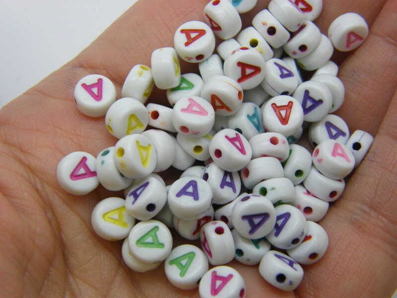 100 Letter A acrylic round alphabet beads white and random colours AB683