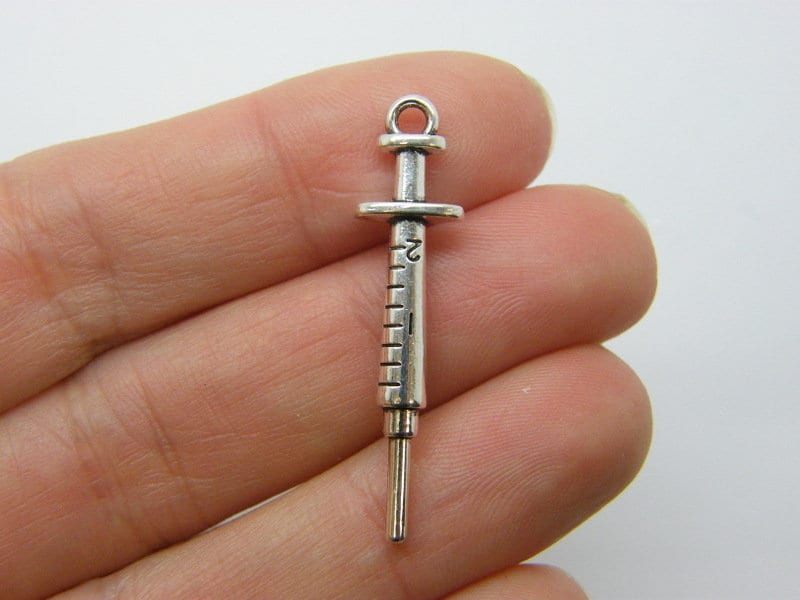 4 Syringe injection pendants antique silver tone MD85