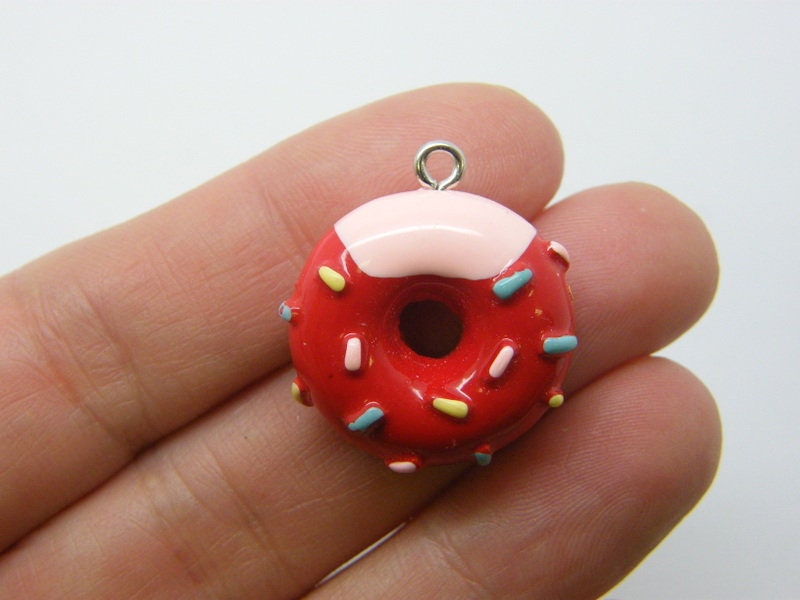 4 Donut charms pink red resin FD452