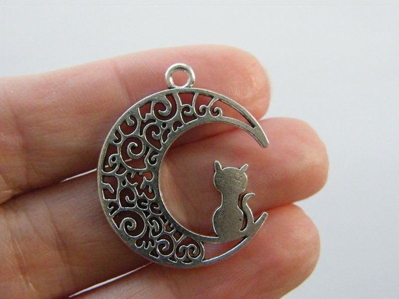 4 Cat moon pendants charms  antique silver tone A159