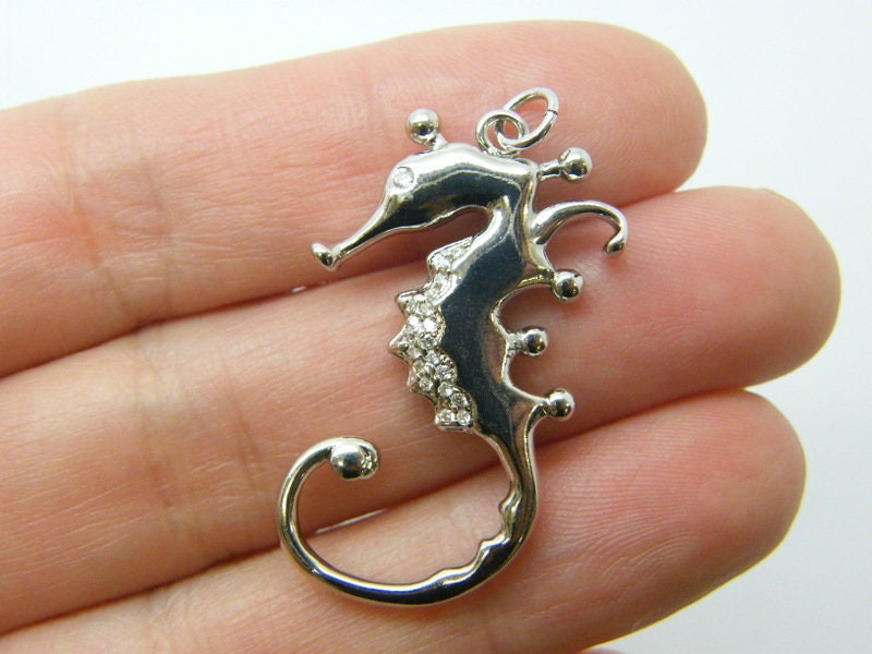 1 Seahorse pendant rhinestone silver tone FF183