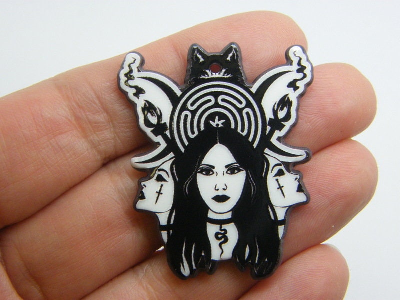 2 Lady Halloween pendants black white acrylic HC868