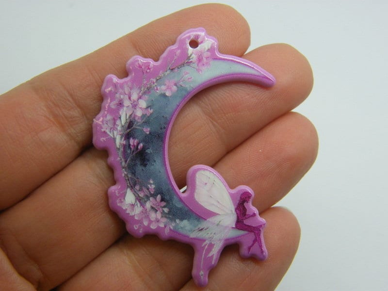 2  Fairy moon pendants pink grey acrylic FB11