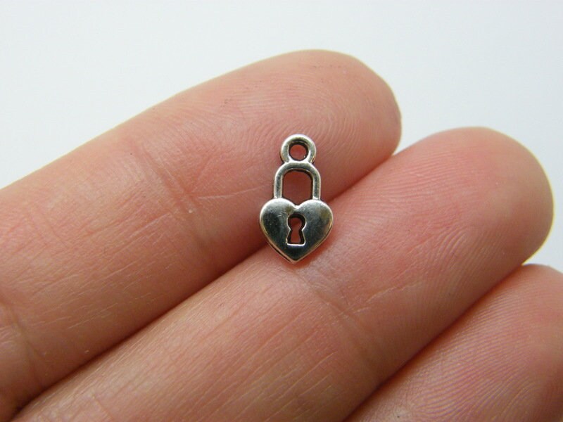 14 Lock heart charms antique silver tone K39