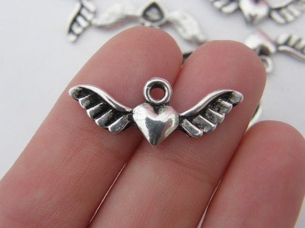 BULK 50 Heart with angel wings  charms antique silver tone AW6