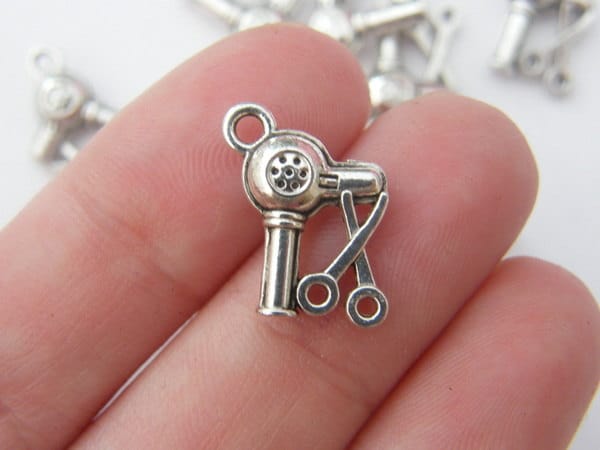 10 Hairdresser hair dryer charms antique silver tone P230