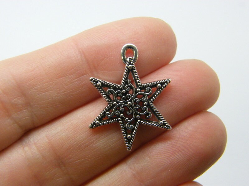 10 Star pendants charms antique silver tone S130