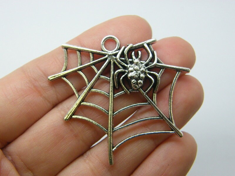 2 Spider spiderweb pendants antique silver tone HC578