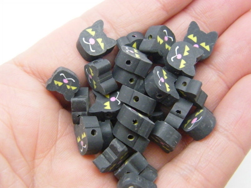 30 Cat beads black polymer clay A233