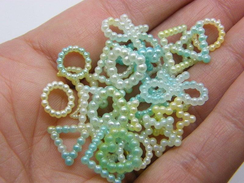 100 Pearl beads random mixed green blue yellow white ABS resin AB704 - SALE 50% OFF
