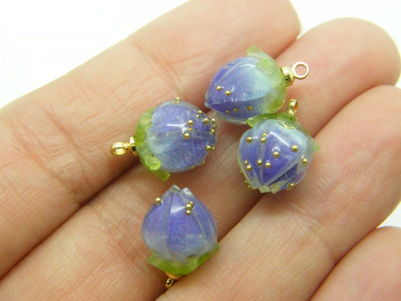 4 Rose bud charms blue purple resin golden bail F254