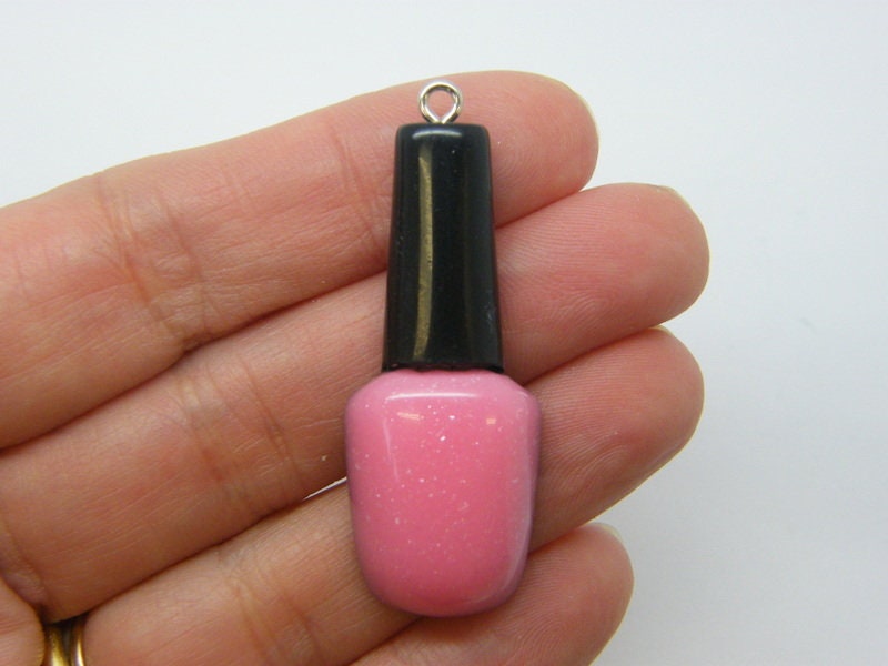 2 Nail polish varnish bottle charms pink black resin P784