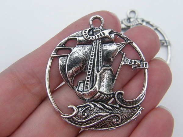 2 Ship on the high seas pendants antique silver tone TT67