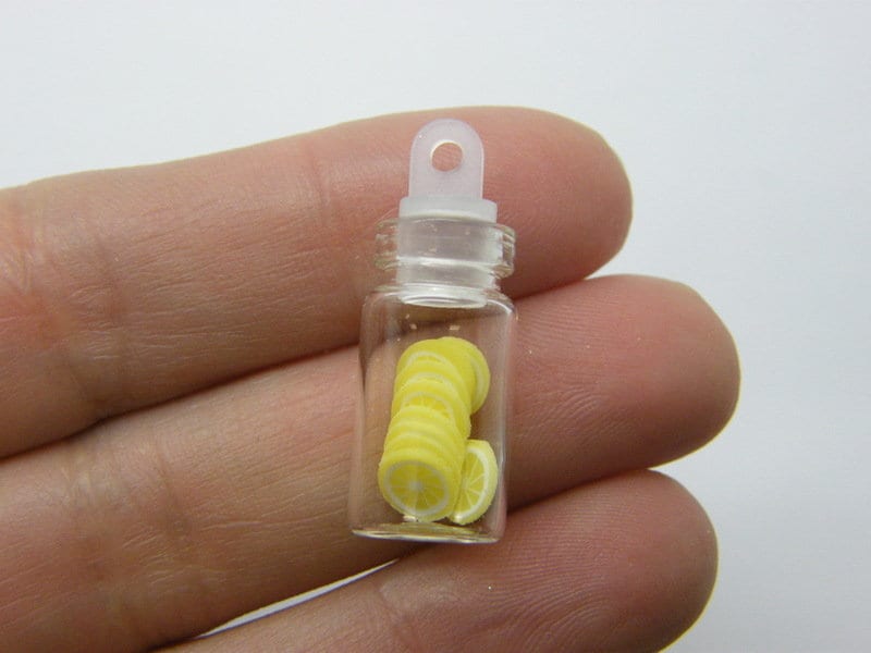 8 Glass bottle yellow white lemon charms glass polymer clay FD817