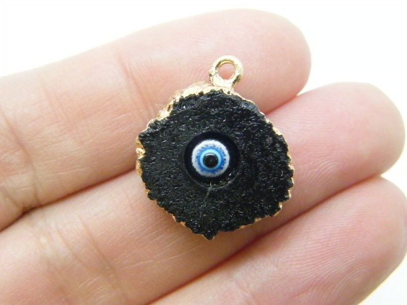 4 Evil eye pendants black gold resin I55
