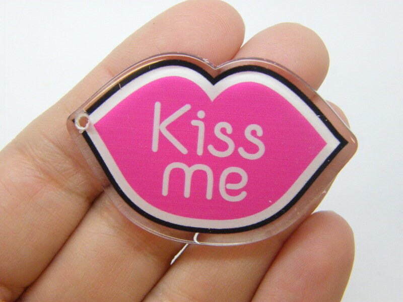 2 Kiss me lip mouth pendant pink white clear resin M277