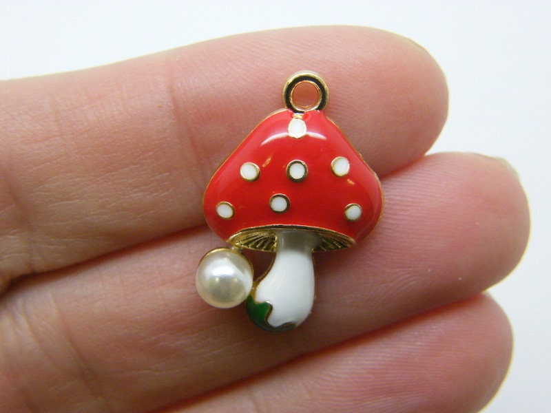 4 Mushroom charms red and bright gold tone L463