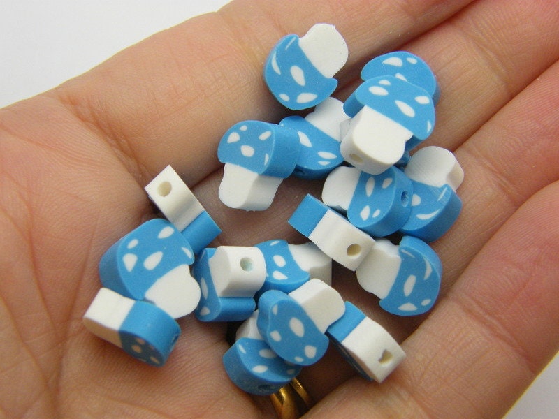 30 Mushroom beads blue white polymer clay L216 - SALE 50% OFF