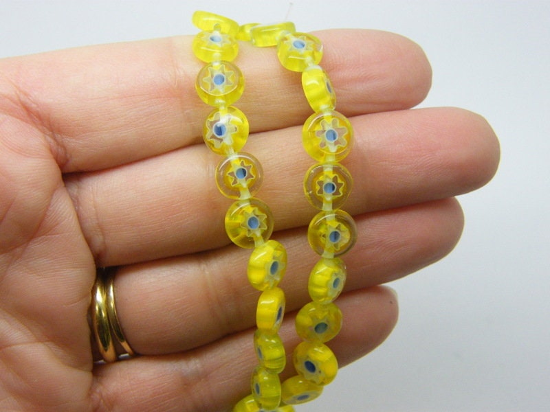 52 Flower beads yellow blue round flat lamp work glass B106  - SALE 50% OFF