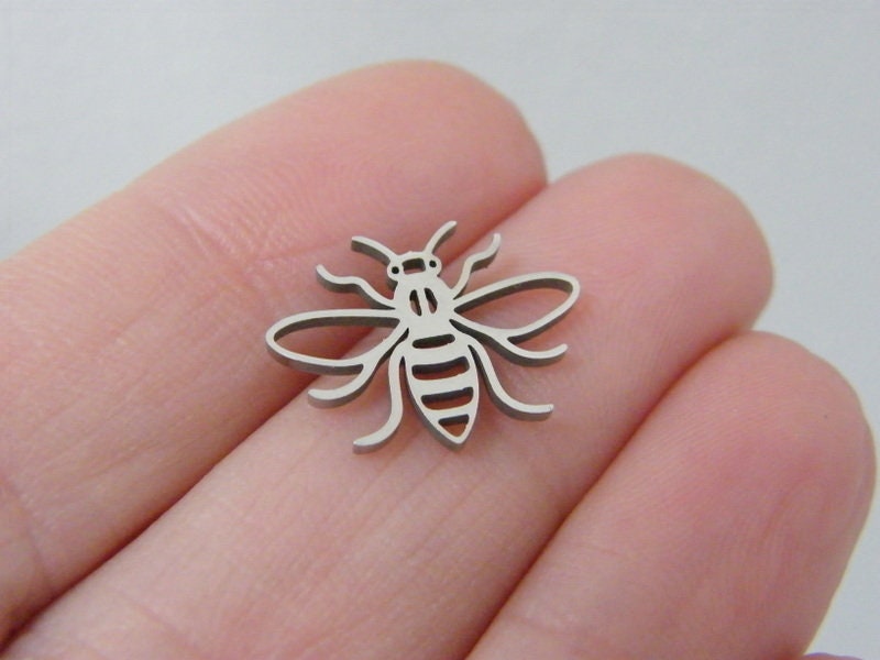 2 Bee charms silver tone stainless steel A62