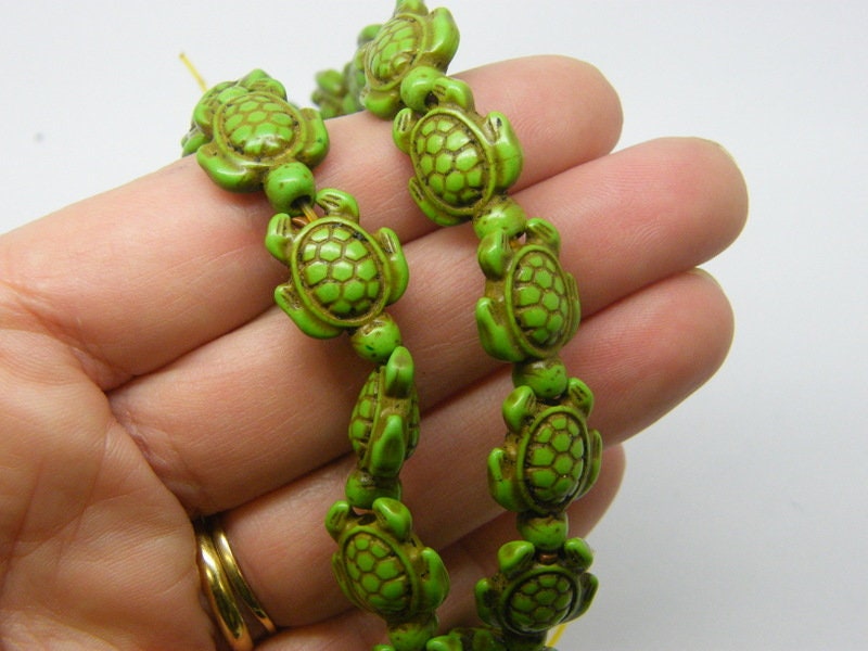 22 Turtle beads green 18 x 14mm synthetic turquoise
