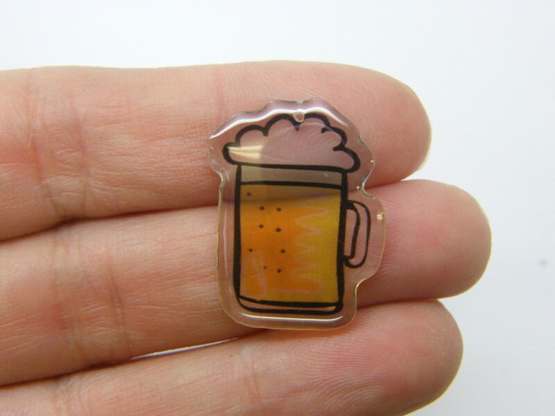 10 Beer glass charms clear yellow black resin FD446