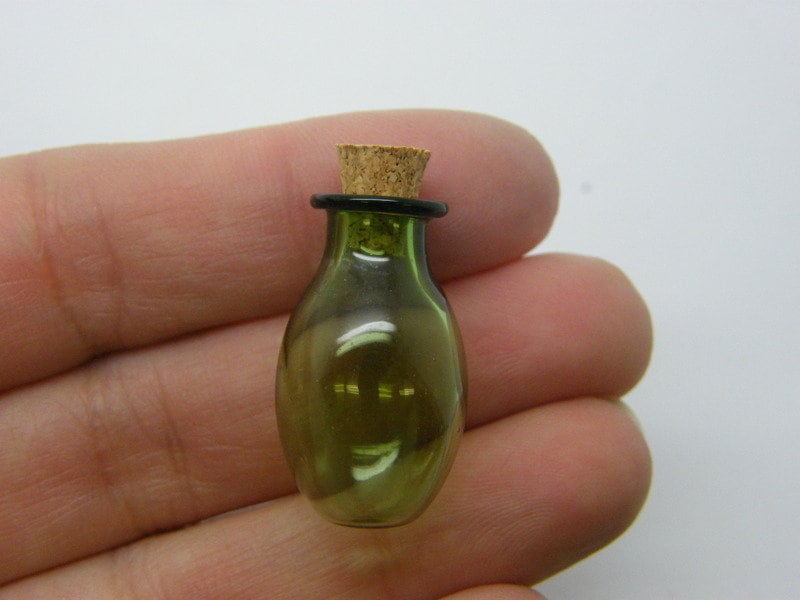 2 Mini glass bottles with corks green M517