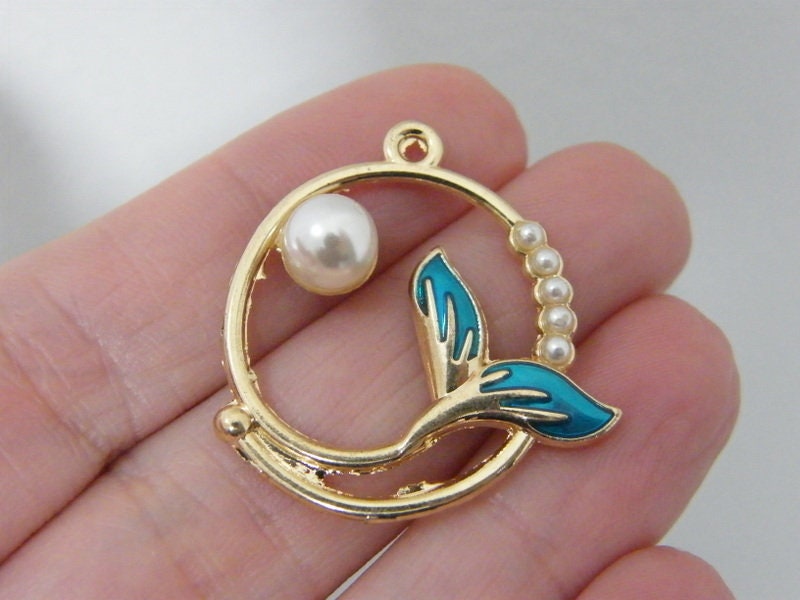 4 Mermaid tail pendants blue gold tone FF712