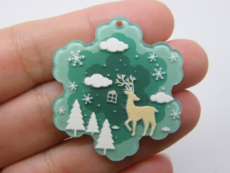 4 Snowflake reindeer pendants green white acrylic CT298