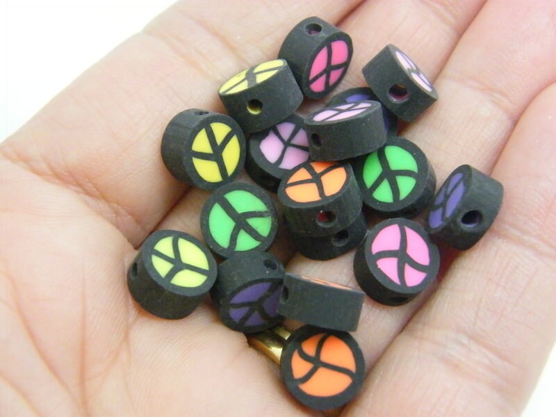30 Peace symbol beads black and random polymer clay P151 - SALE 50% OFF