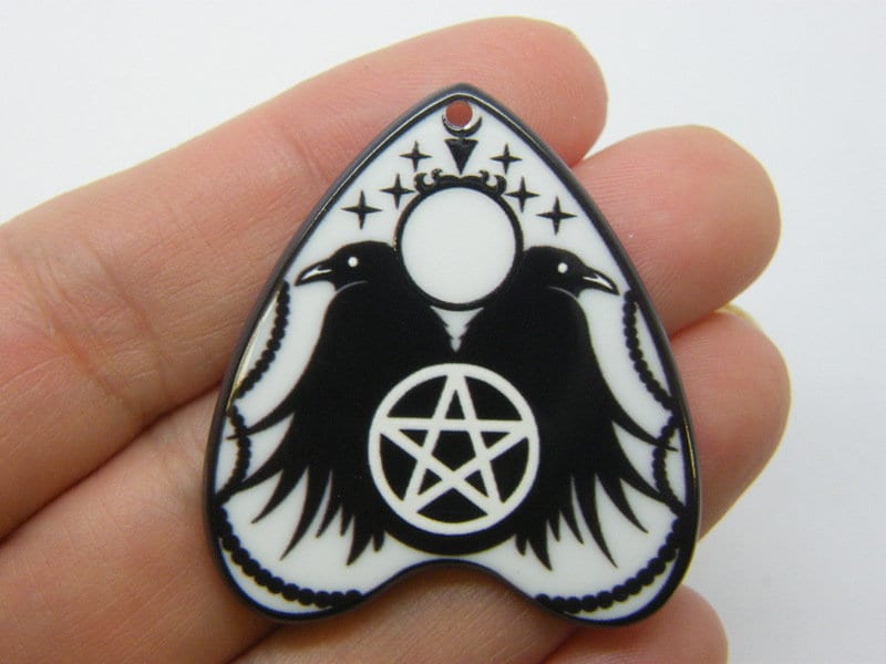 2 Ouija board planchette ravens pentagram pendant black white acrylic HC911