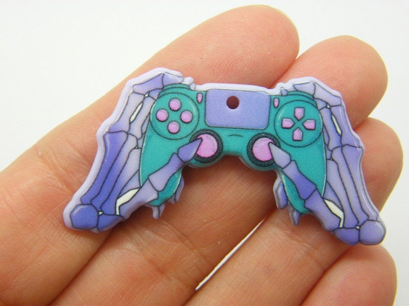 2 Skeleton hands game control pendants purple teal acrylic HC897