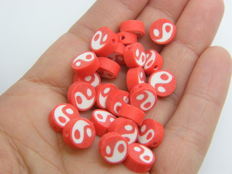 30 Yin yang good evil beads red white polymer clay I164 - SALE 50% OFF