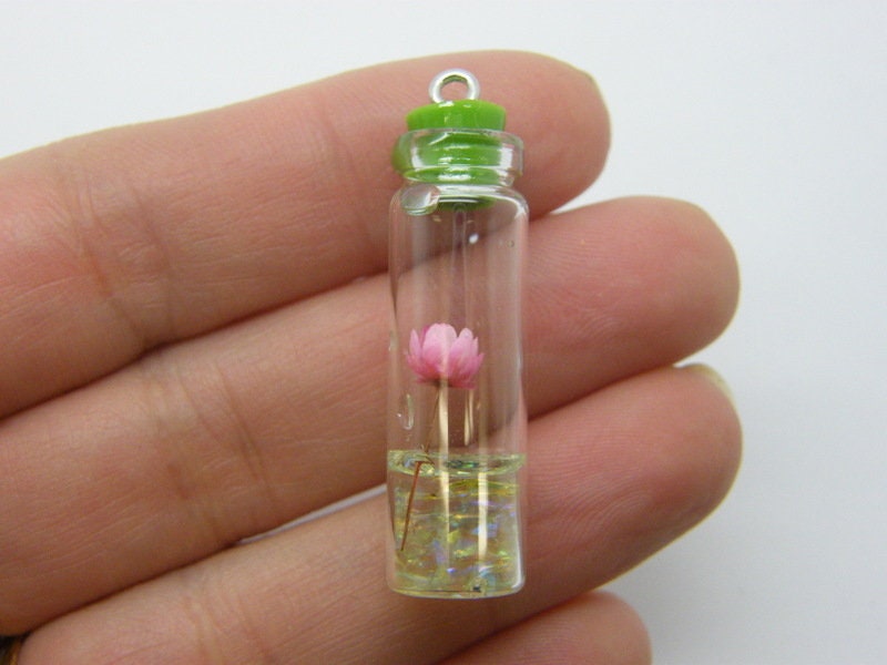 2 Dried flower in a bottle shells green pendant glass M684