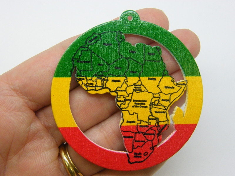 2 Africa map pendants red yellow red black white wood WT  - SALE 50% OFF
