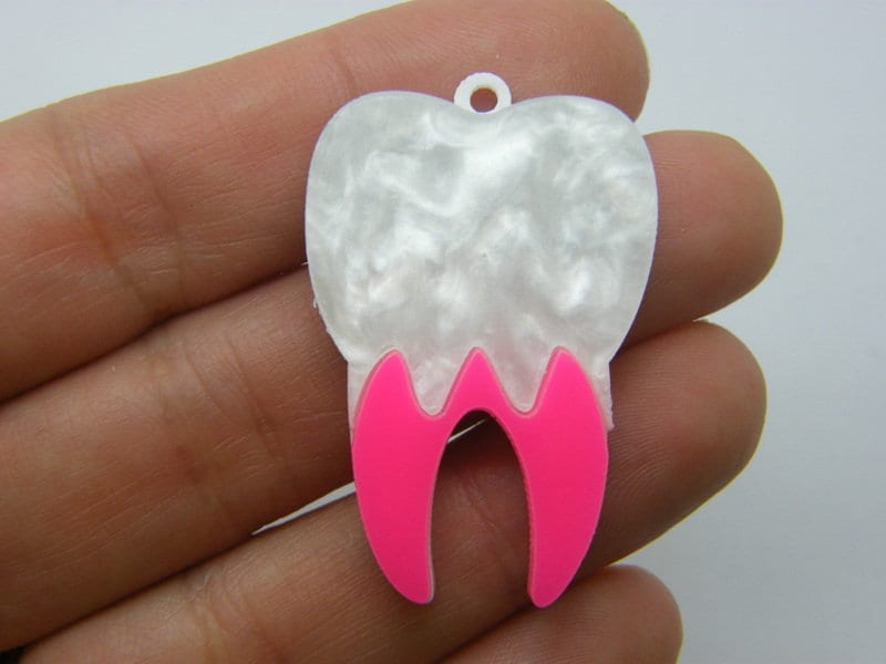 2 Tooth pendants neon pink white acrylic MD108