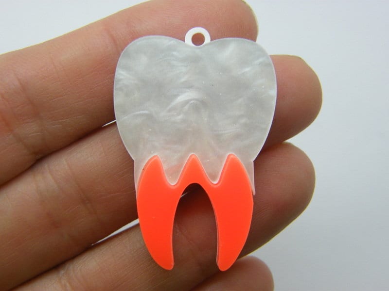 2 Tooth pendants neon orange white acrylic MD106