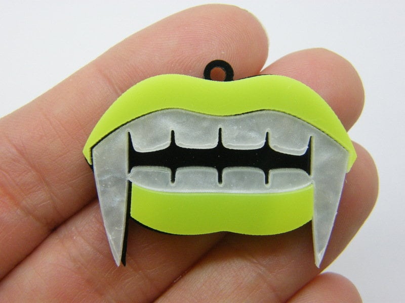 2 Vampire teeth fangs pendants neon yellow black acrylic HC915