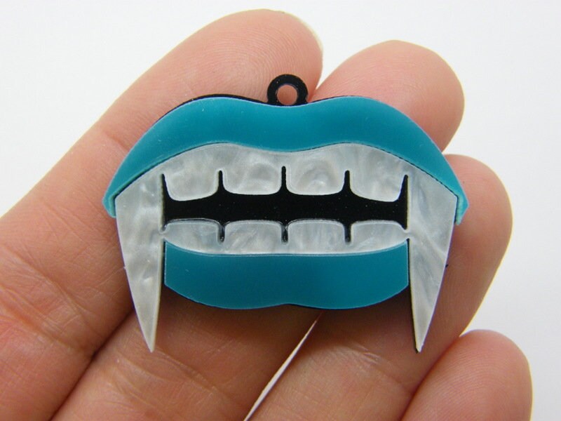 2 Vampire teeth fangs pendants neon teal black acrylic HC916