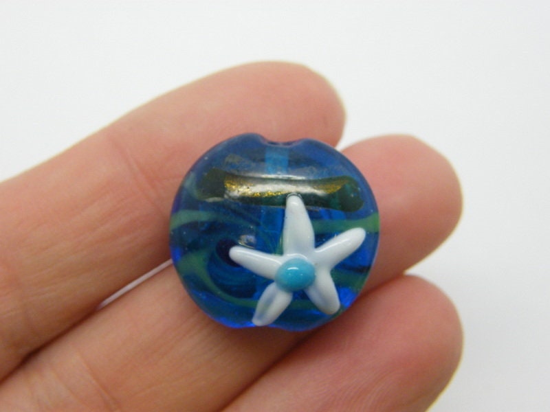 1 Starfish bead handmade lamp work blue glass FF343