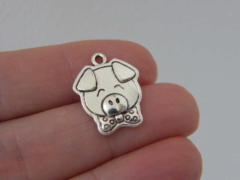 12 Pig charms antique silver tone A1144