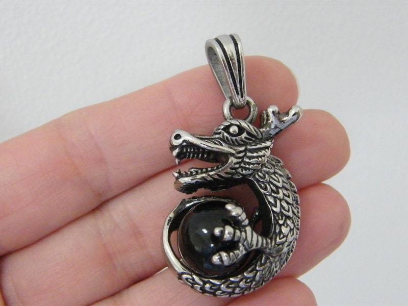 1 Dragon pendant antique silver tone stainless steel A1325