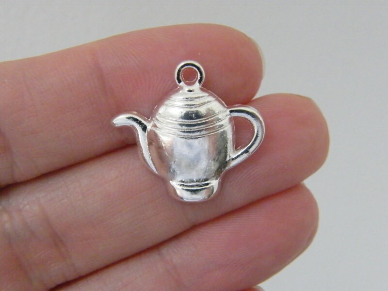 12 Teapot charms bright silver tone FD339