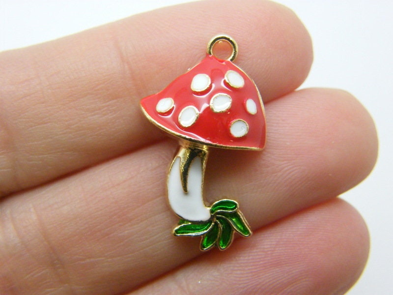 4 Mushroom charms red and bright gold tone L285